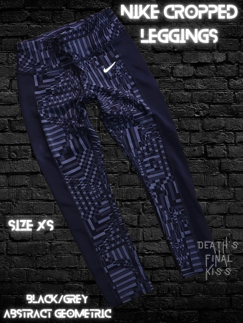 Nike Black Gray Cropped Leggings Abstract Geometric XS Runner Roller Derby Lift